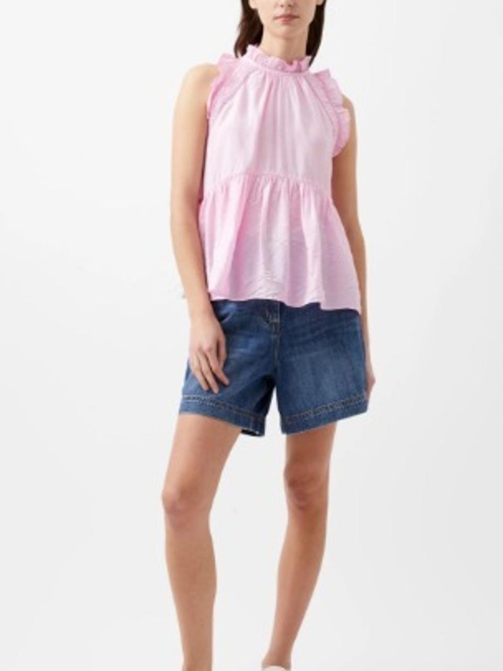 ✨French Connection Emily Top Strawberry Shake Ruffle Neck Sleeveless Size S